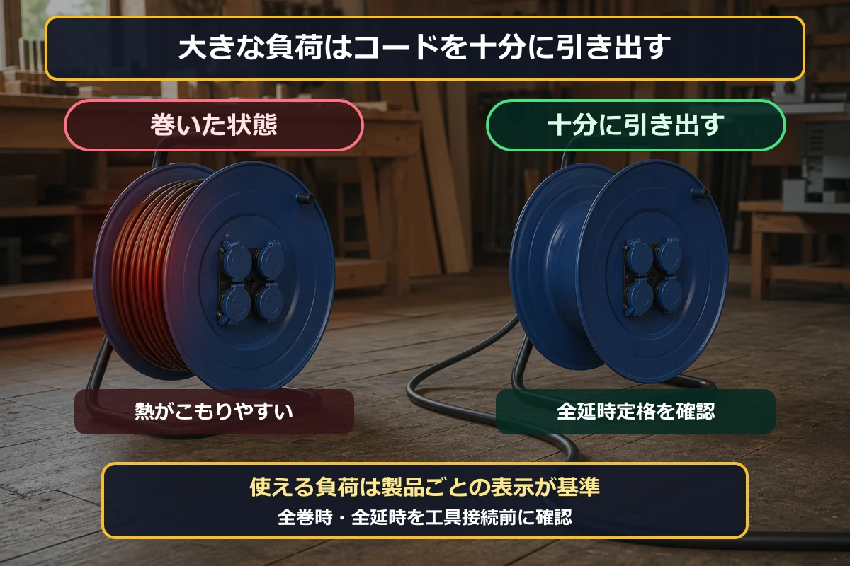 実物に近いコードリールで、巻いた状態と十分に引き出した状態の違いを比較する図解