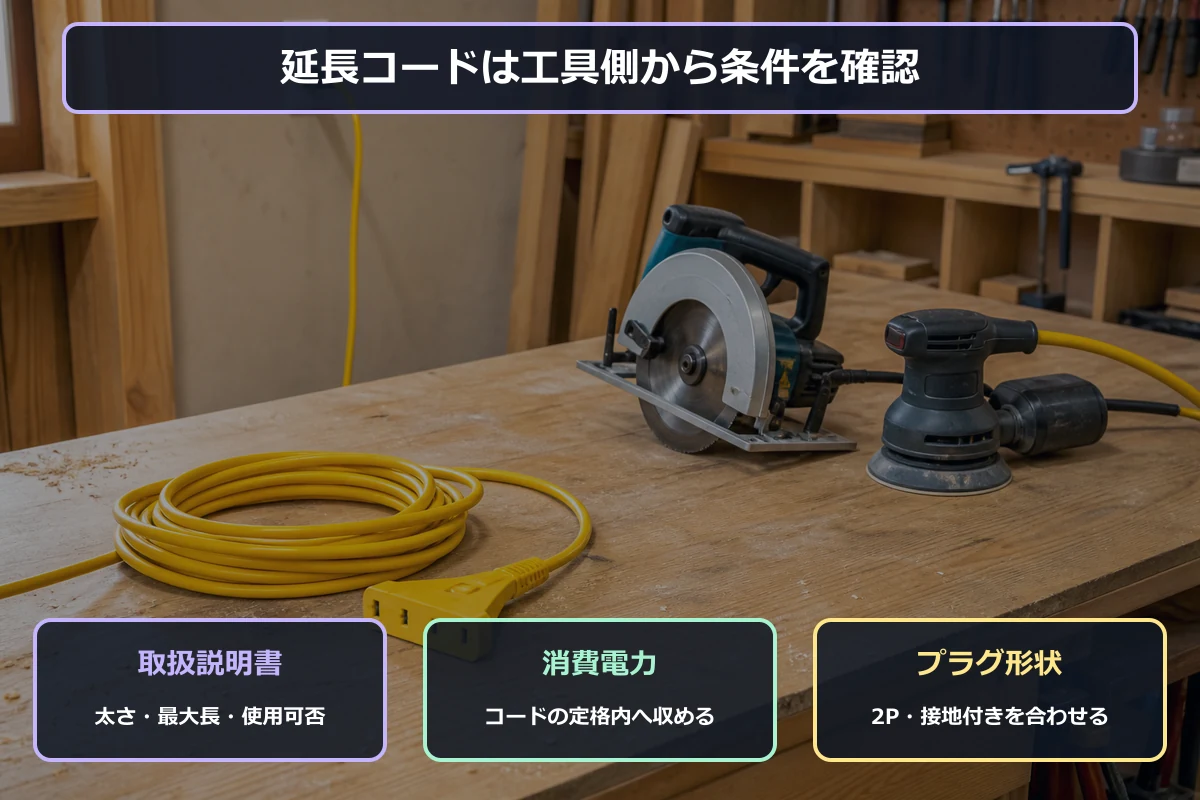 延長コードを選ぶ前に工具の取扱説明書・消費電力・プラグ形状を確認する図解
