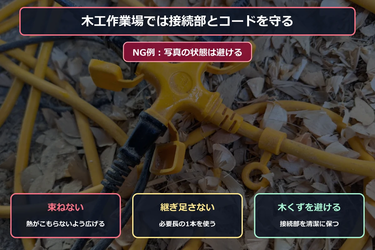 木くずの中へ延長コードの接続部を置いたNG例と、束ねない・継ぎ足さない・木くずを避ける安全ポイントの図解