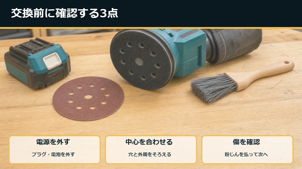 ランダムサンダー用ペーパー交換時に電源・中心合わせ・研磨傷を確認する図解