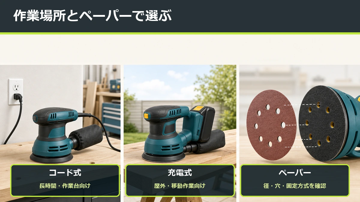 ランダムサンダーを電源方式・パッド径とペーパー・変速・集じん・重さの5点で選ぶ要点をまとめた図解