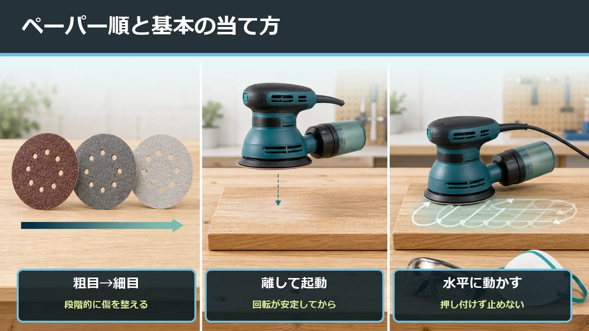 ランダムサンダーのペーパー番手を粗→中→細と段階的に上げる進め方と、材料への当て方の基本を示した図解