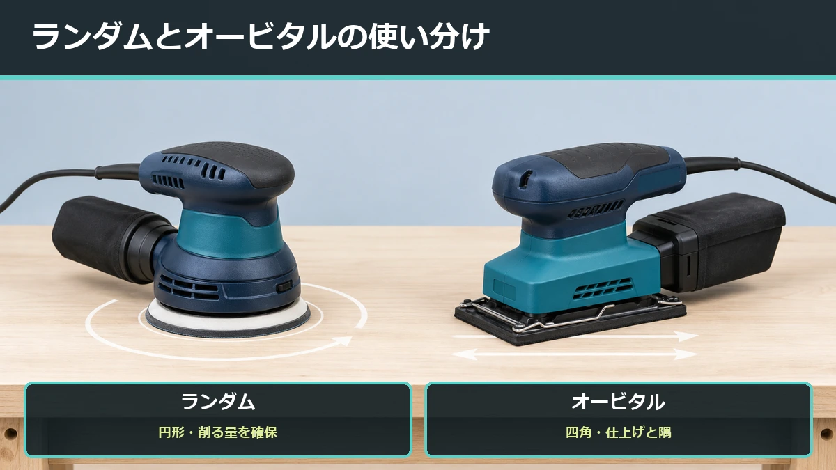 円形パッドのランダムサンダーと四角パッドのオービタルサンダーの動きと得意な作業の違いを示した図解
