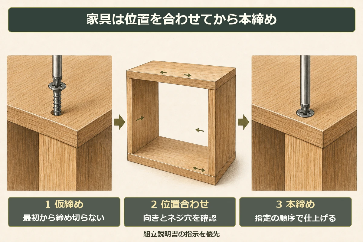 仮締め、家具の位置合わせ、本締めの順に進める3段階の図解