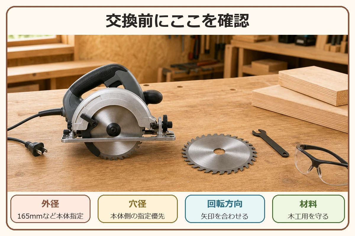 丸ノコ替刃を交換する前に外径、穴径、回転方向、材料対応を確認する図解