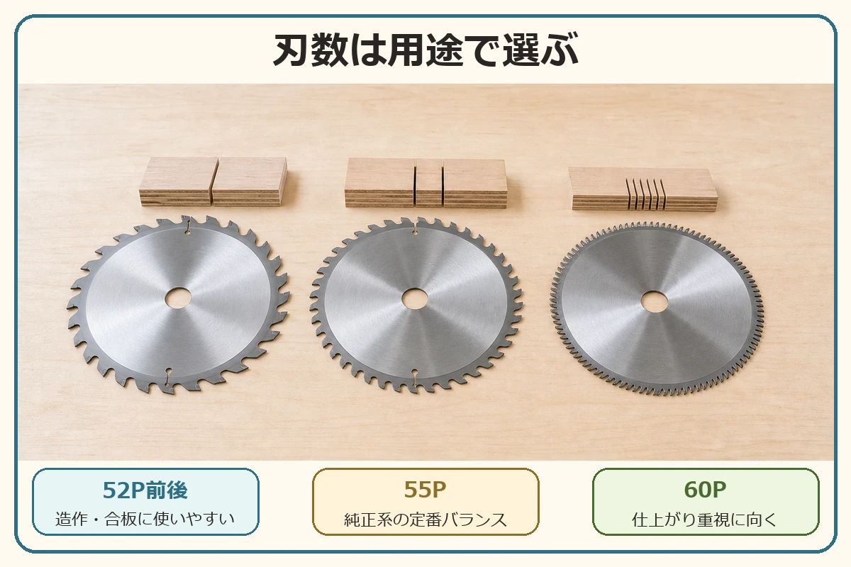 丸ノコのチップソーを52P前後、55P、60Pの刃数で選び分ける図解