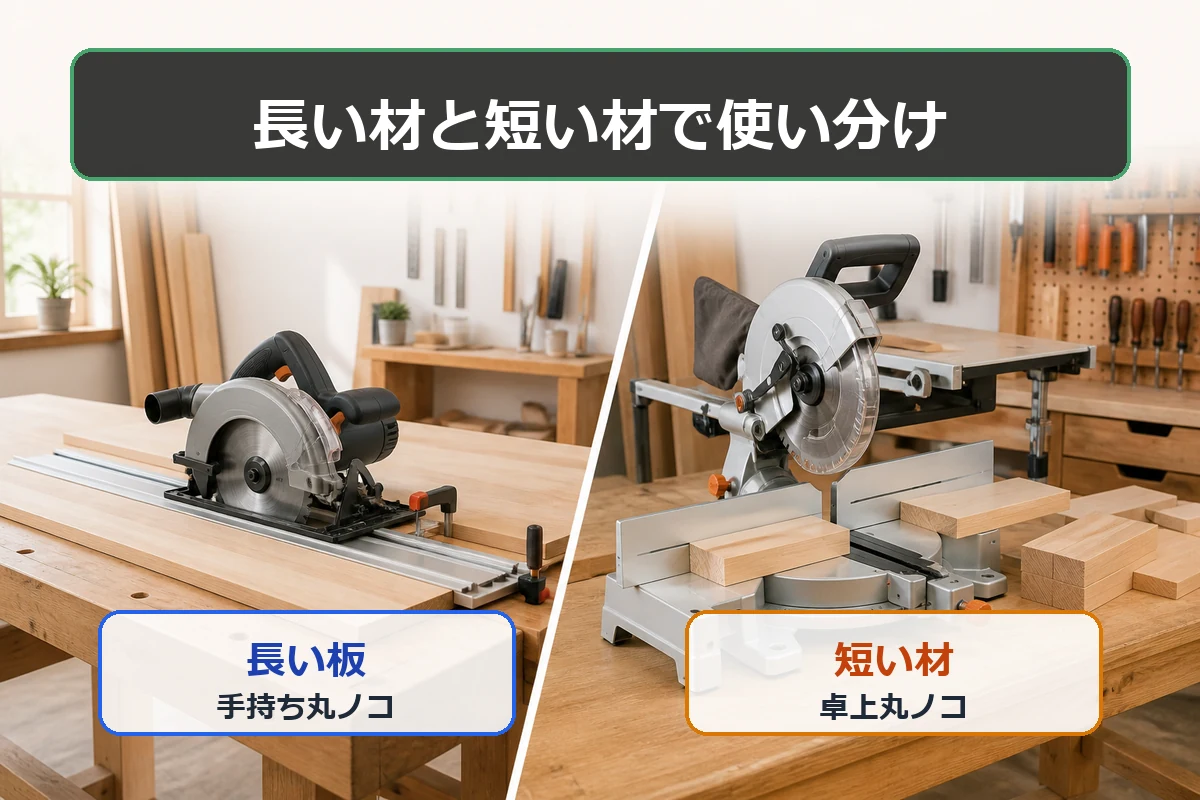 長い板は手持ち丸ノコ、短い材は卓上丸ノコで使い分けることを示した図解