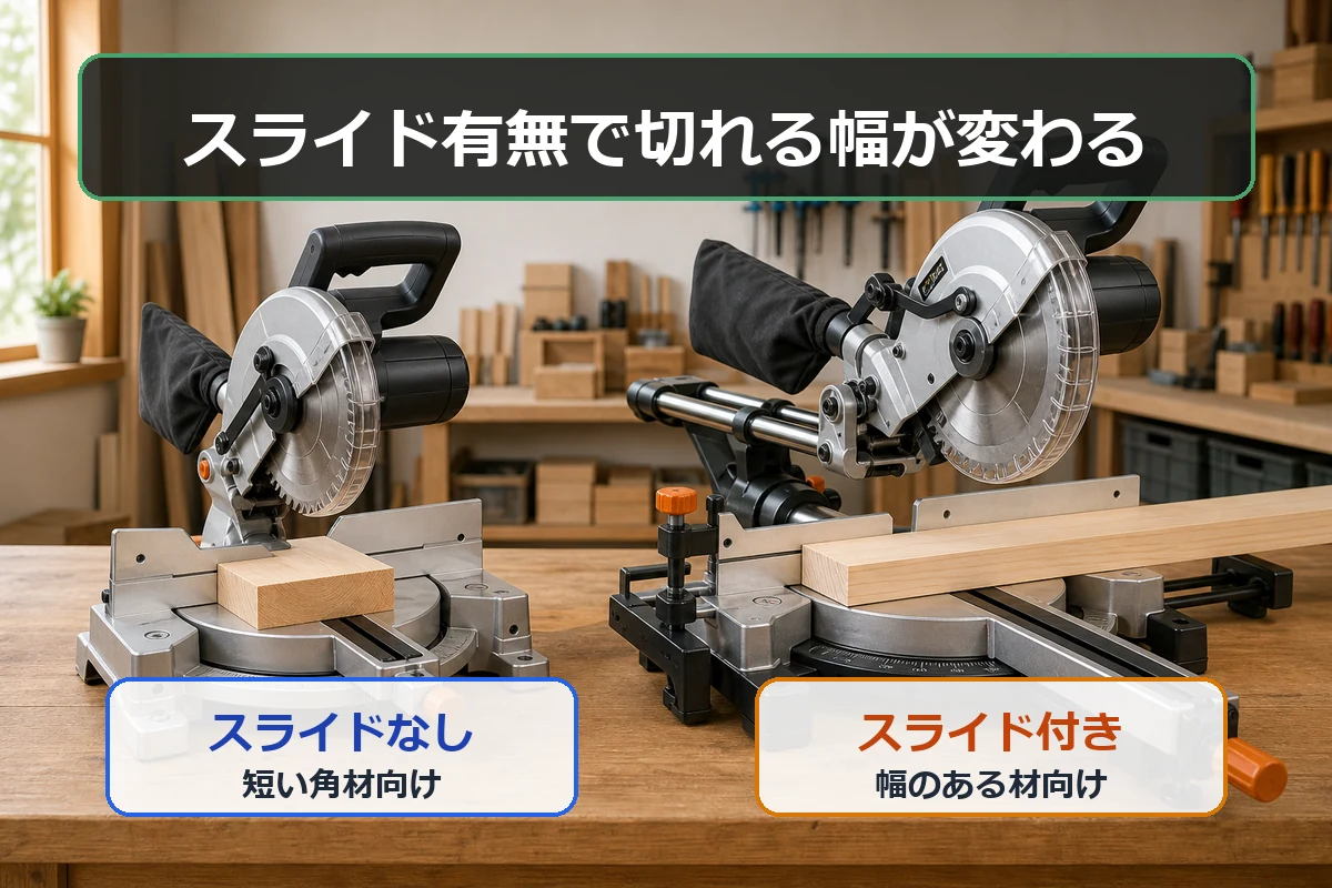 スライドなしは短い角材向け、スライド付きは幅のある材向けであることを示した図解