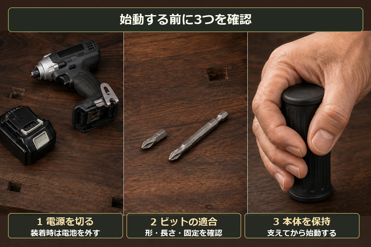 装着時の電池取り外し、ビットの適合、本体保持を始動前に確認する図解