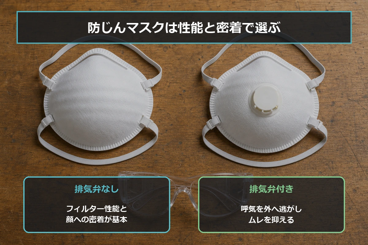 排気弁なしと排気弁付きの使い捨て式防じんマスクの違いを示した図解