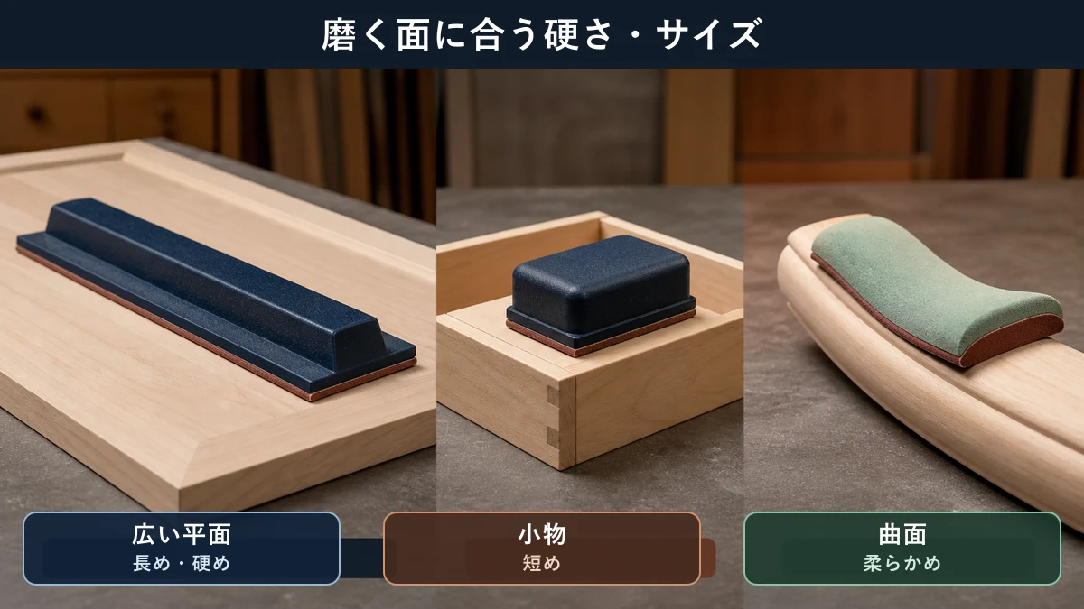 広い板材には長めで硬いサンディングブロック、小物や曲面には短めまたは柔らかい当て面を選ぶ比較図