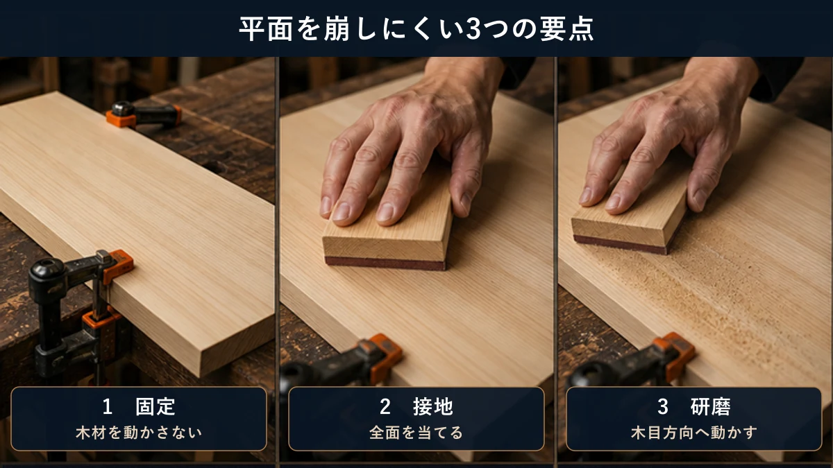 木材を固定し、サンディングブロックの全面を当てて木目方向へ動かす3つの要点を示した図解