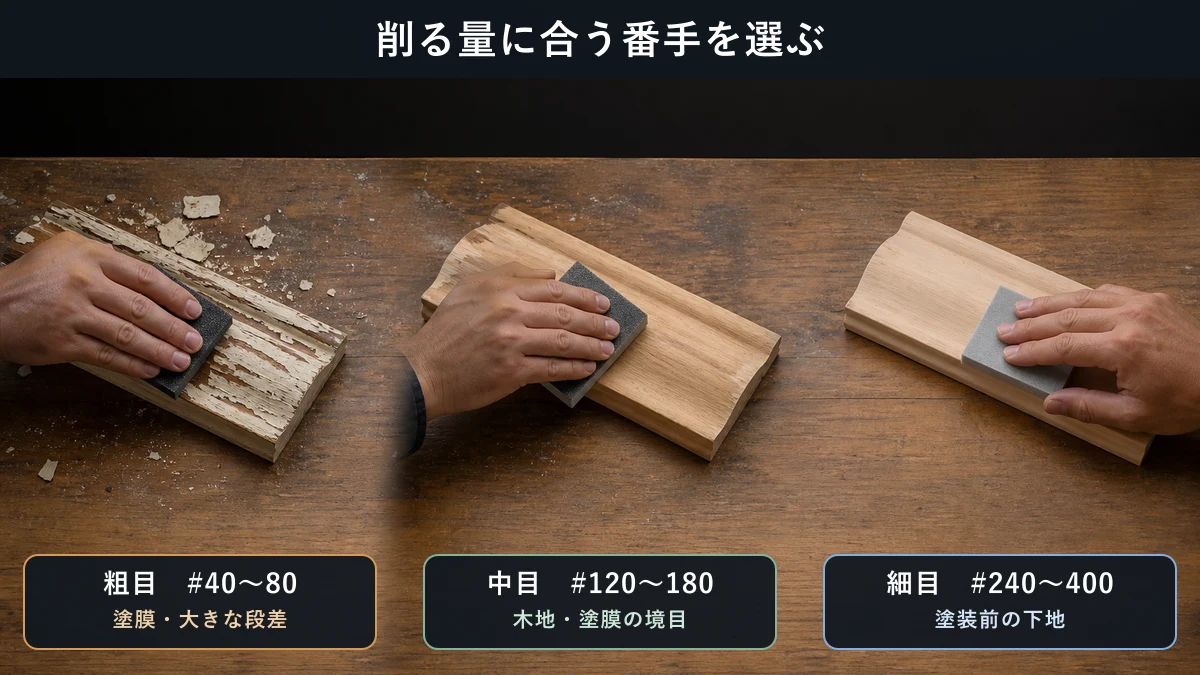 粗目、中目、細目のサンディングスポンジを、古い塗装落とし、木地調整、塗装前仕上げへ使い分ける図解