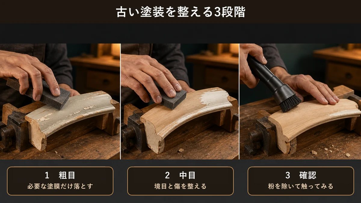 古い塗装を粗目で落とし、中目で境目を整え、粉を除去して下地を確認する3段階の図解
