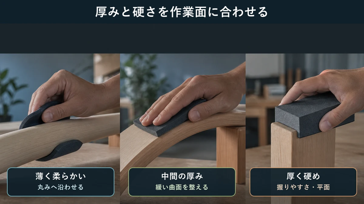 薄く柔らかなシートを木工の曲面へ沿わせ、厚く硬めの研磨ブロックを平面や握りやすさ重視で選ぶ図解