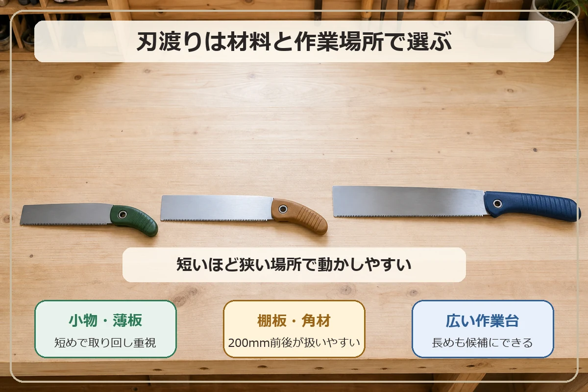 小物や薄板には短め、棚板や角材には200mm前後、広い作業台なら長めも候補になることを示したノコギリの刃渡り選び図解