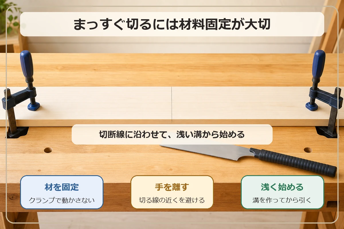 ノコギリでまっすぐ切るために材料をクランプで固定し、手を切断線から離し、浅く溝を作ってから引くことを示した図解
