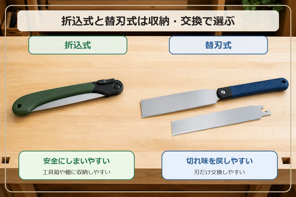 折込式は安全に収納しやすく、替刃式は切れ味を戻しやすいことを示したノコギリ選びの図解