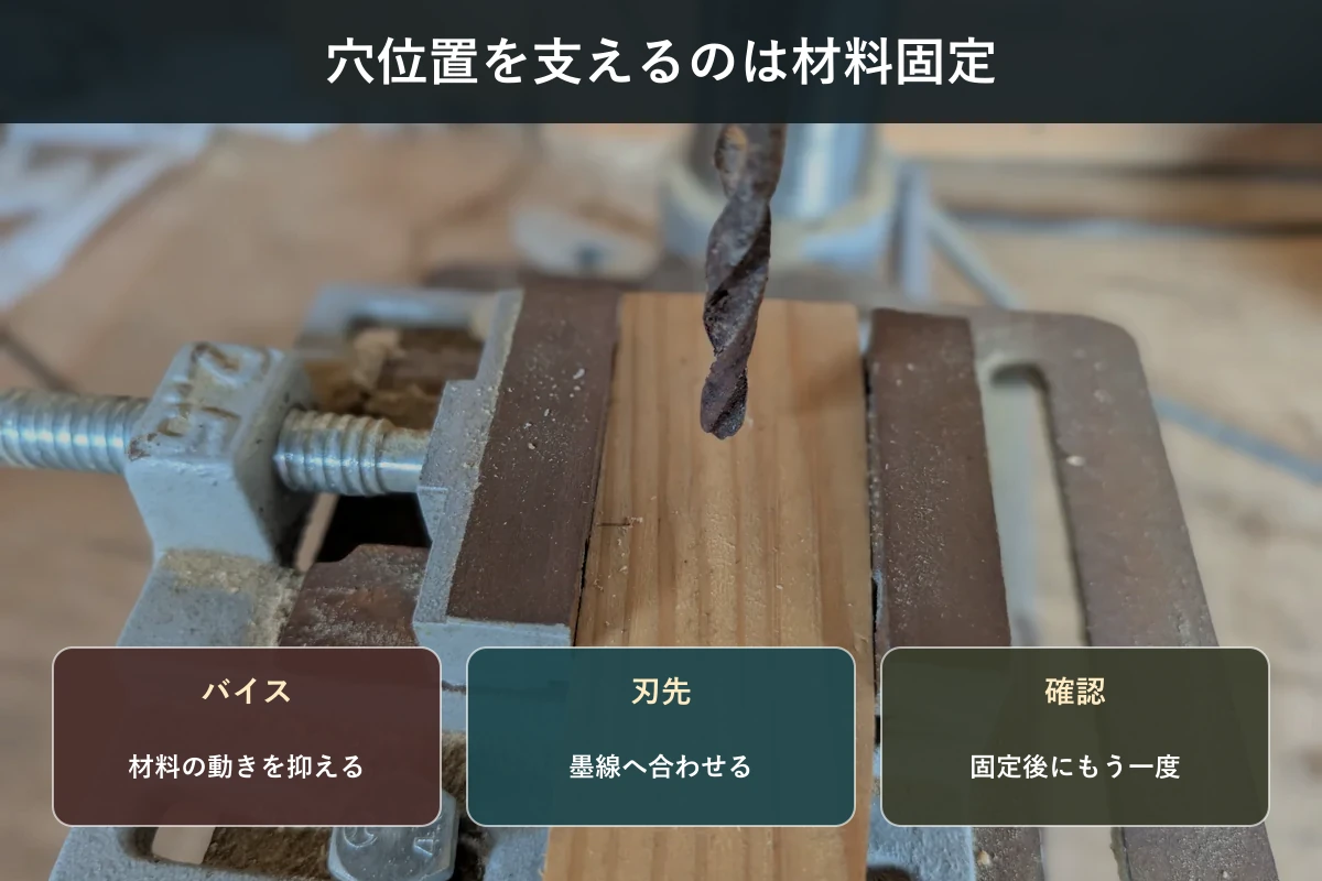 SK11 SDP-300Vで穴位置を合わせるためのバイス・刃先・固定確認