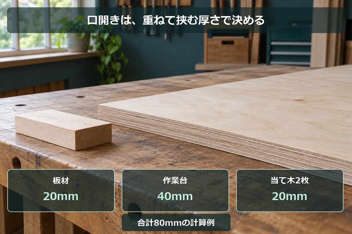 板材、作業台、当て木を合わせた厚さでクランプの口開きを選ぶ図解
