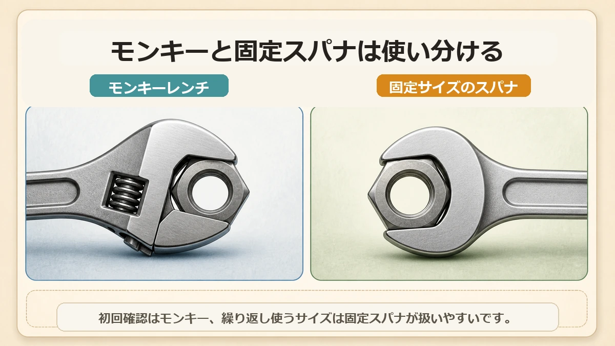 モンキーレンチと固定サイズスパナの使い分けを示した図解
