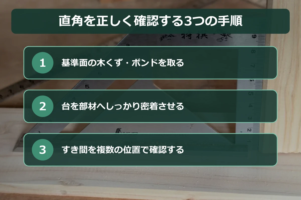 スコヤで直角を確認するときに基準面を掃除し台を密着させてすき間を確認する3手順