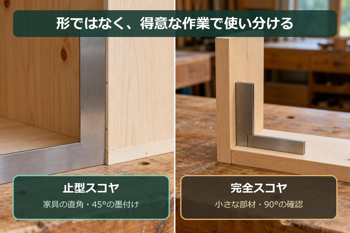 止型スコヤは家具の直角と45度の墨付け、完全スコヤは小さな部材の90度確認に向くことを示す比較図