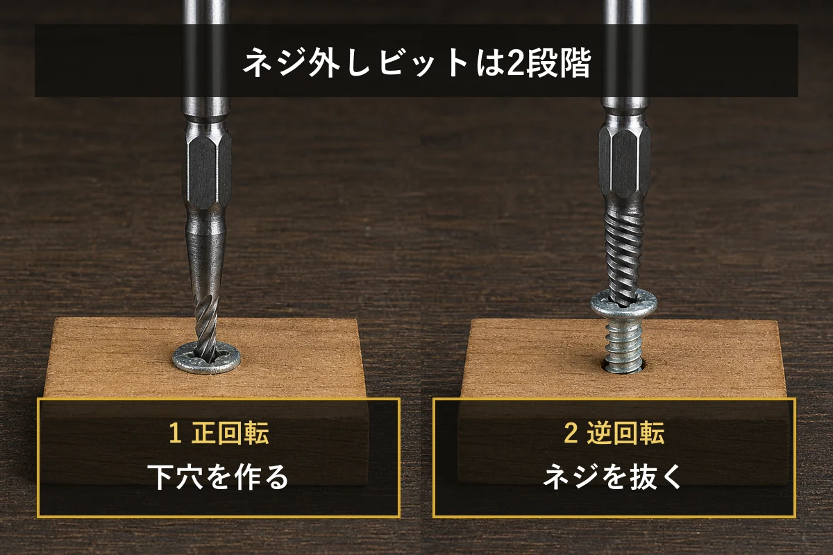 ドリルで下穴を作り、逆回転でネジを抜く2段階を示した図