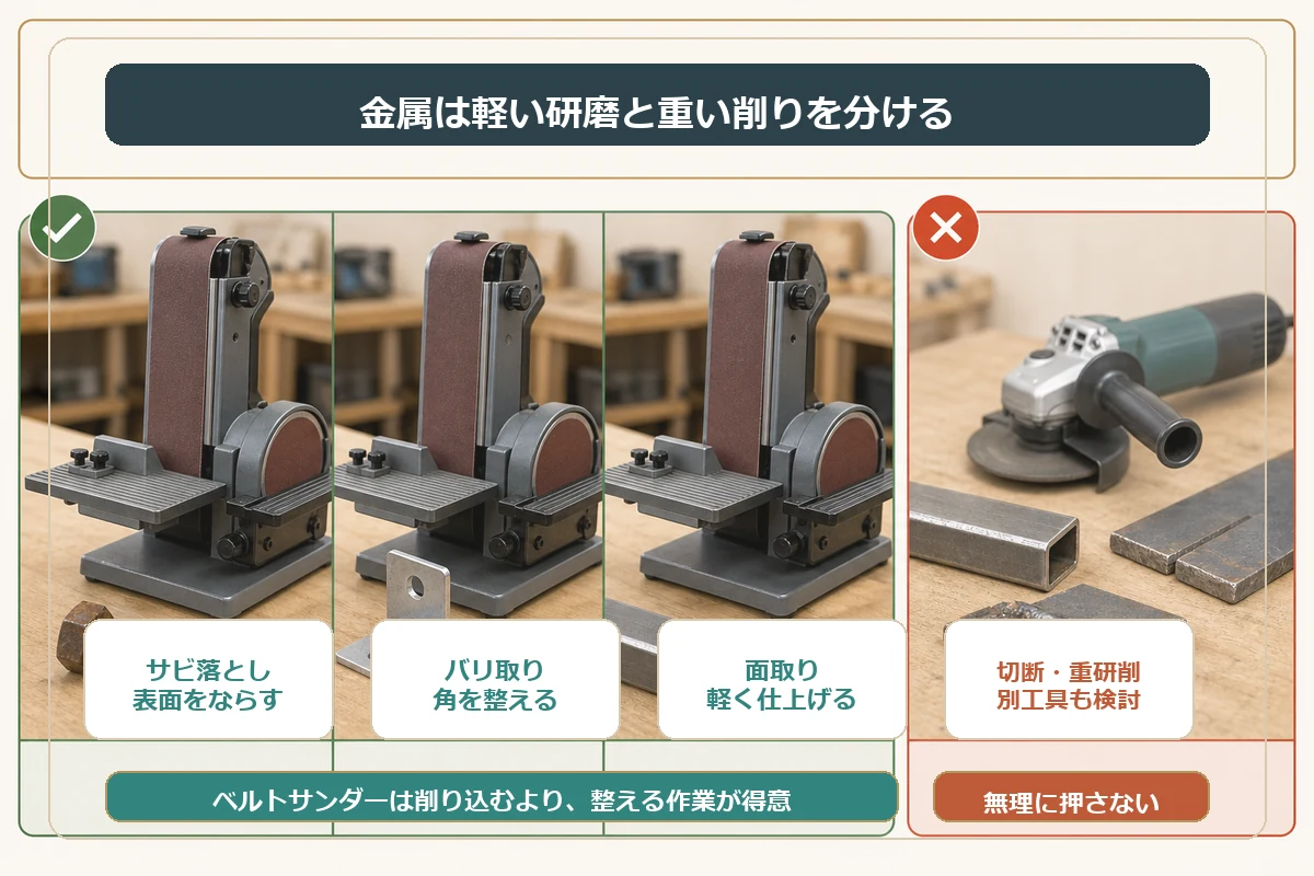 金属研磨でベルトサンダーに向く作業と向かない作業を示した図解
