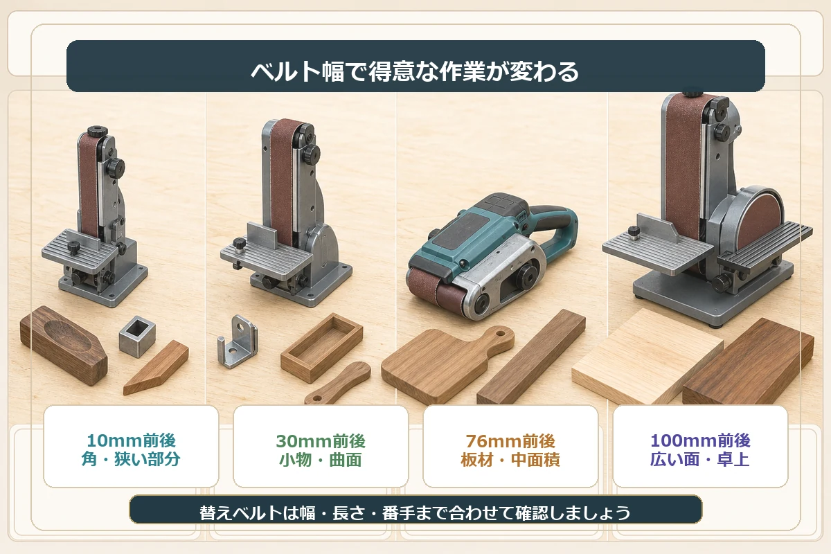 10mm、30mm、76mm、100mm前後のベルト幅ごとに得意な作業を示した図解
