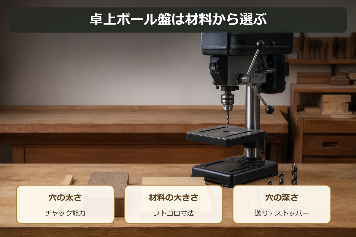 卓上ボール盤を穴の太さ、材料の大きさ、穴の深さの3点から選ぶ図解