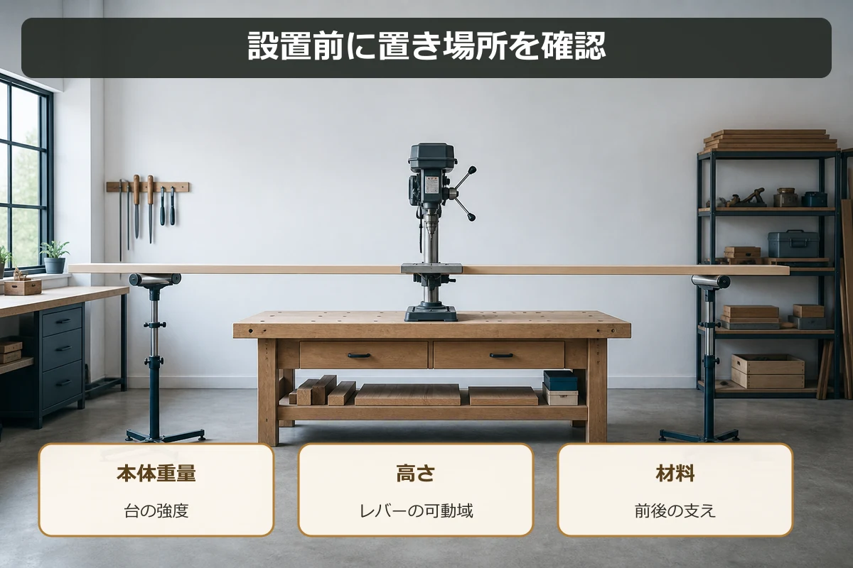 卓上ボール盤を設置する前に本体重量、レバーの可動域、材料を支える余白を確認する図解