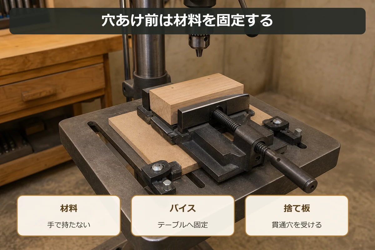 卓上ボール盤で材料、バイス、捨て板を固定して穴あけする順番を示す図解