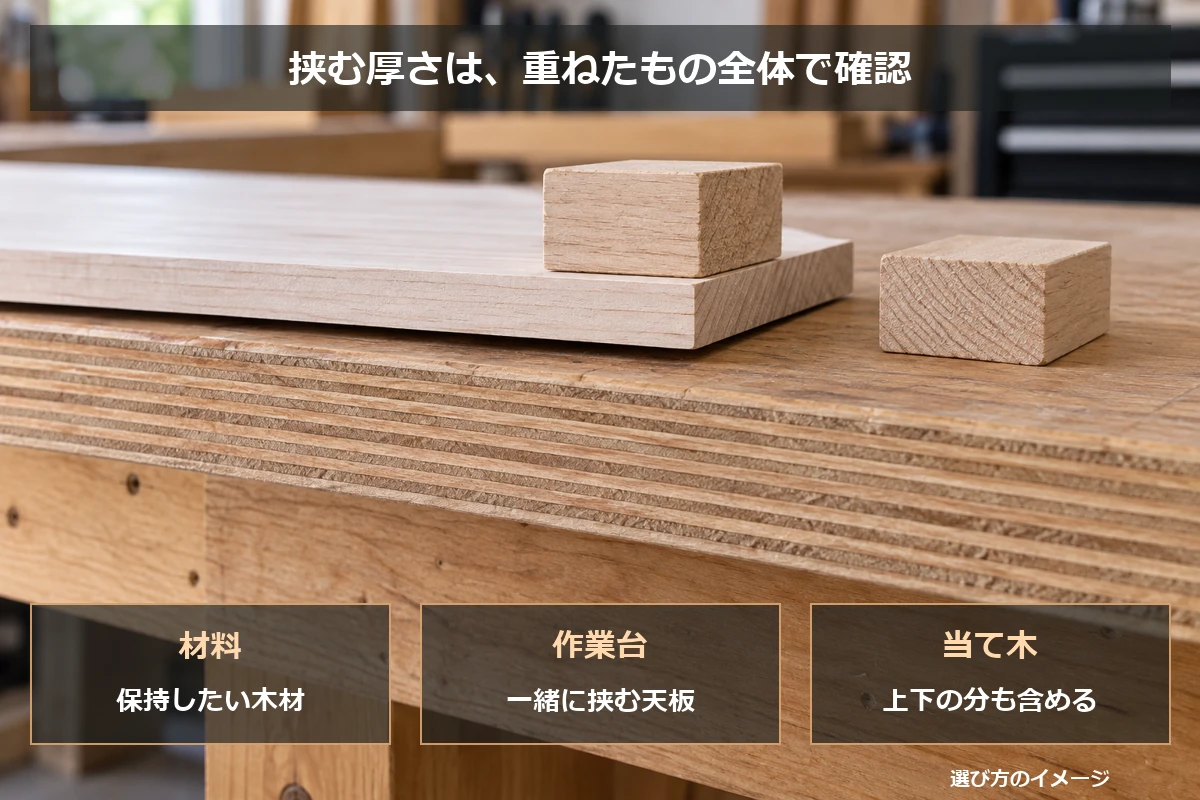 材料だけでなく作業台と当て木も合計してクランプの口開きを選ぶ図解