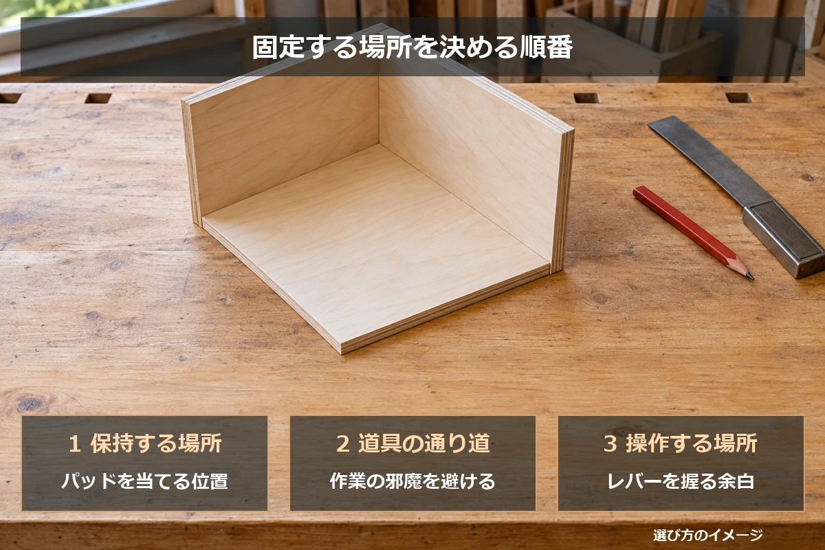 保持したい場所を決め、道具の通り道とレバーの操作場所を空ける順序を示す図解