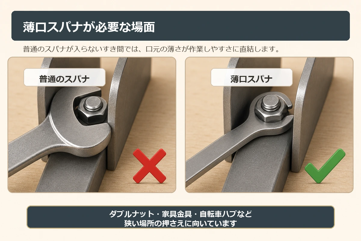 普通のスパナが入らない狭い場所で薄口スパナを使う場面の図解