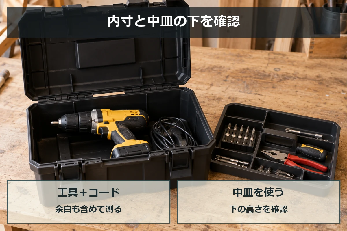 工具本体とコードの余白、中皿を使ったときの高さを確認する工具箱の選び方