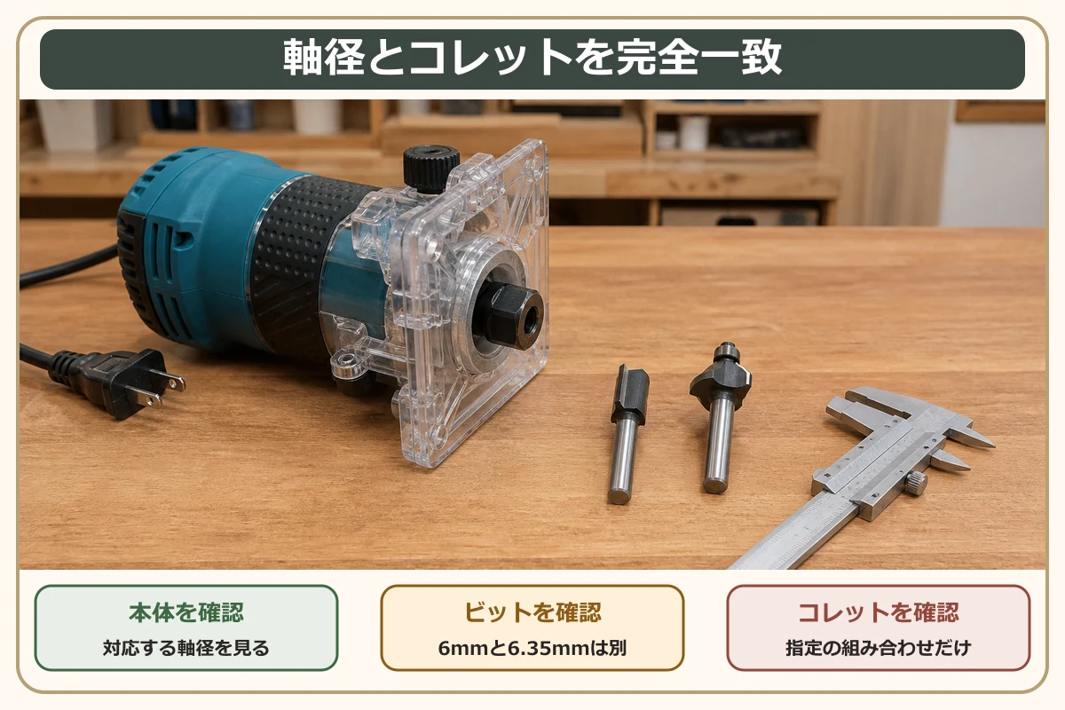 トリマー本体のコレットとビットの軸径を照合する図解