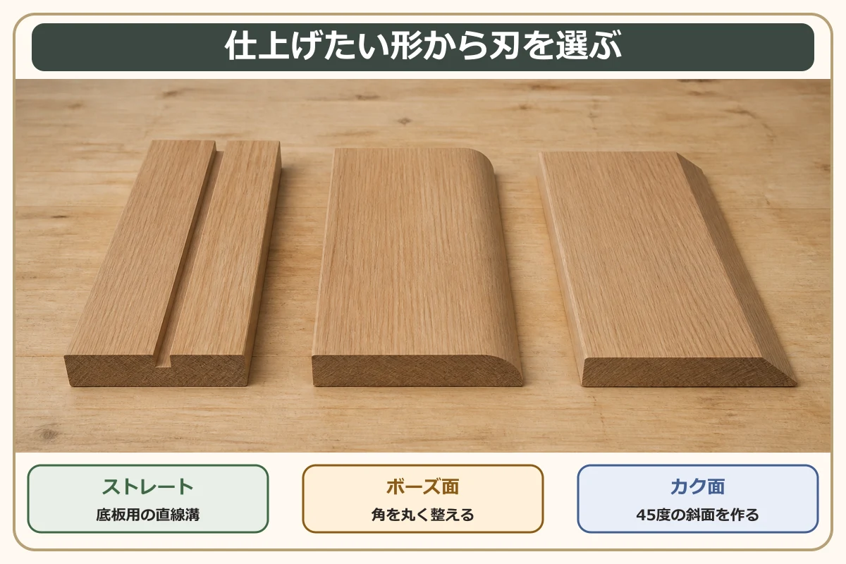 ストレート溝・丸面・45度面取りからトリマービットを選ぶ図解
