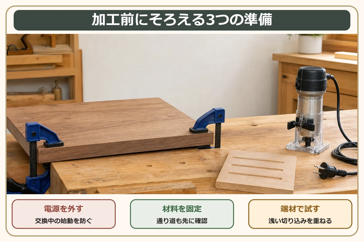 木材をクランプで固定し、端材で浅い切り込みを試す準備の図解