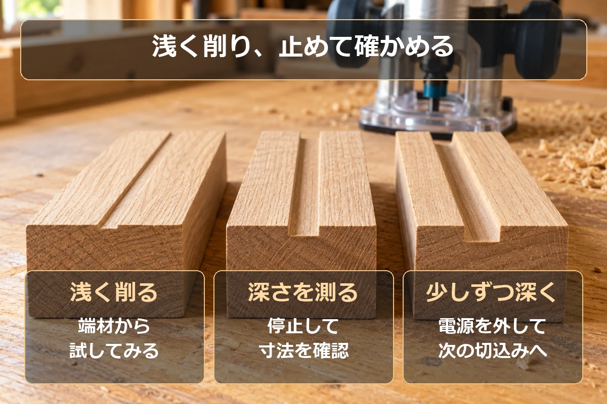 溝掘りは浅く削る、停止して深さを測る、少しずつ深くする順に進める