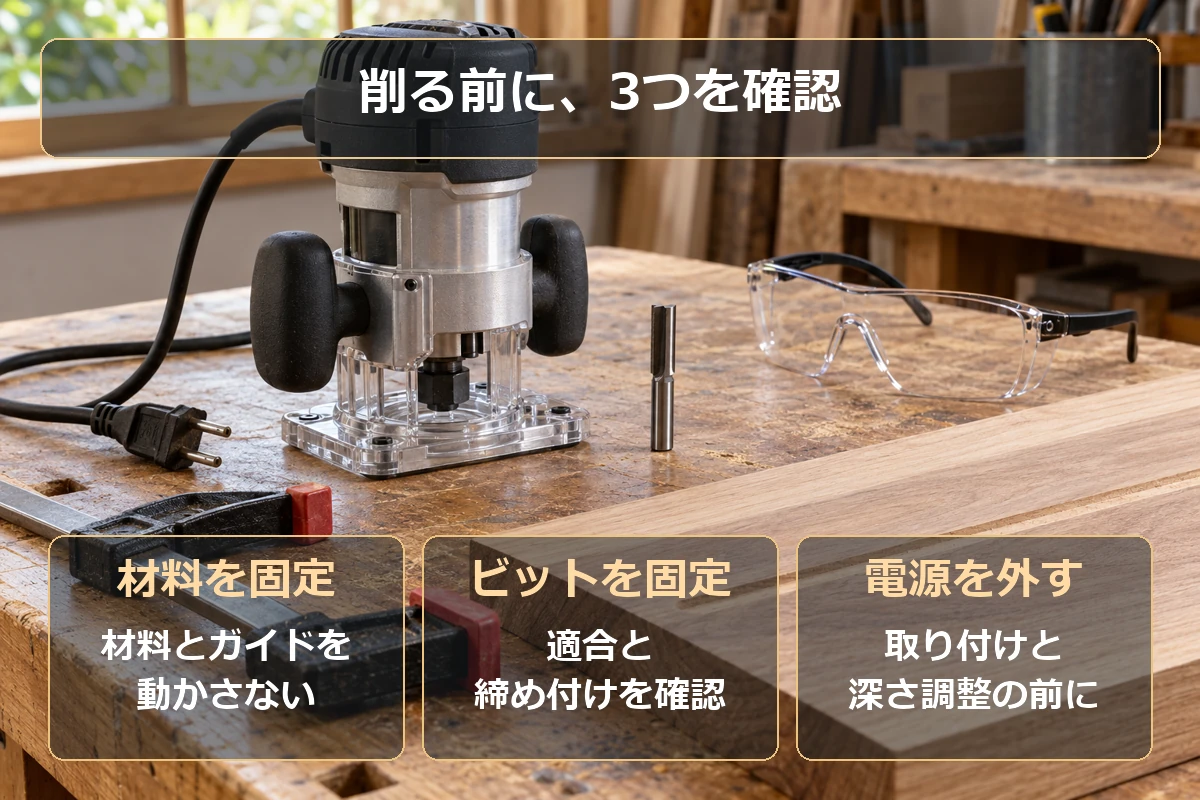 溝掘り前の確認点：材料を固定、ビットを固定、電源を外して調整