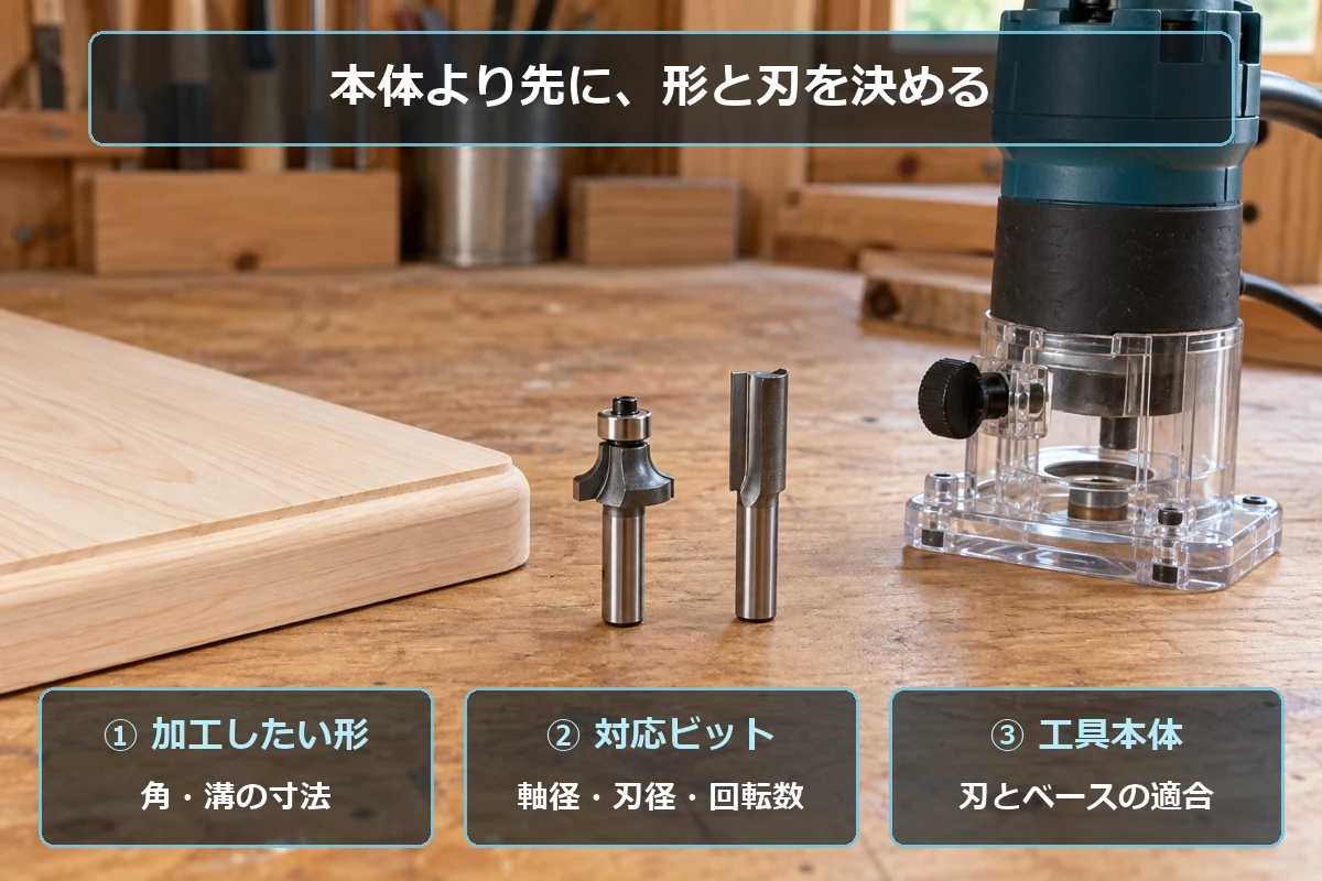 加工したい形、対応ビット、工具本体の順で購入候補を絞る図解