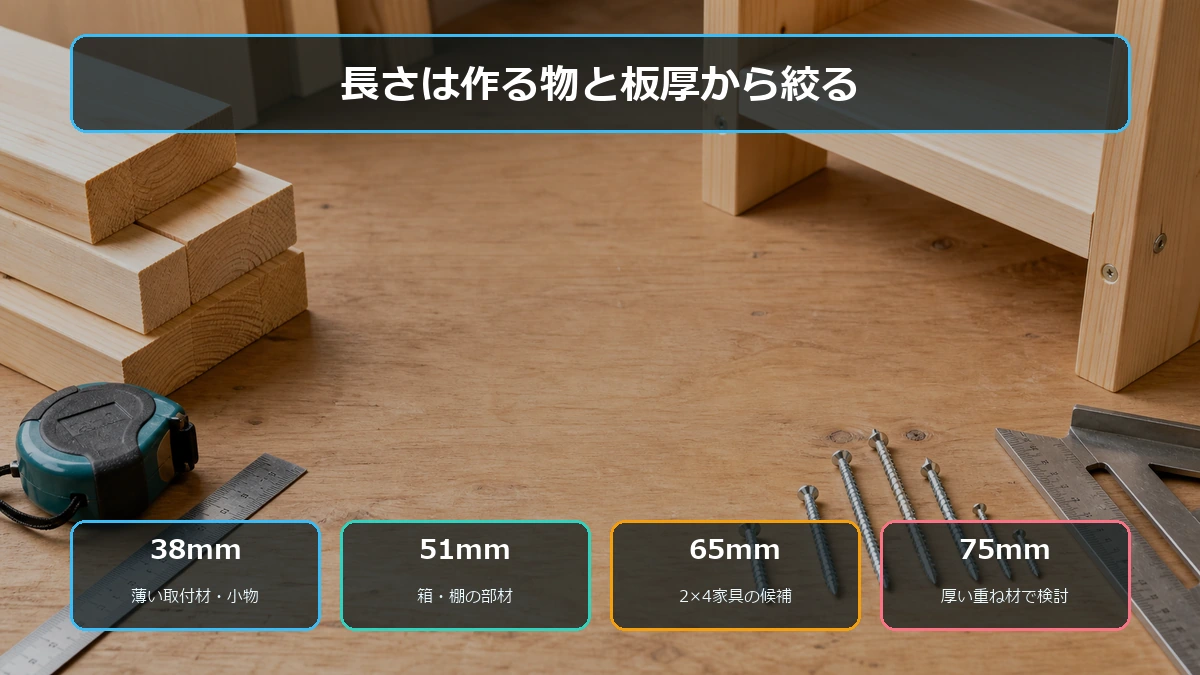 2×4材に使う38・51・65・75mmのビスを用途別に整理した図解