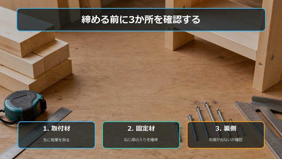 2×4材へビスを締める前に取付材・固定材・裏側を確認する図解