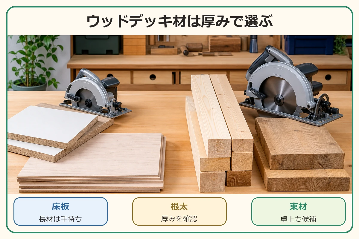 ウッドデッキ製作で床板、根太、束材ごとに丸ノコを選ぶ考え方を示した図解