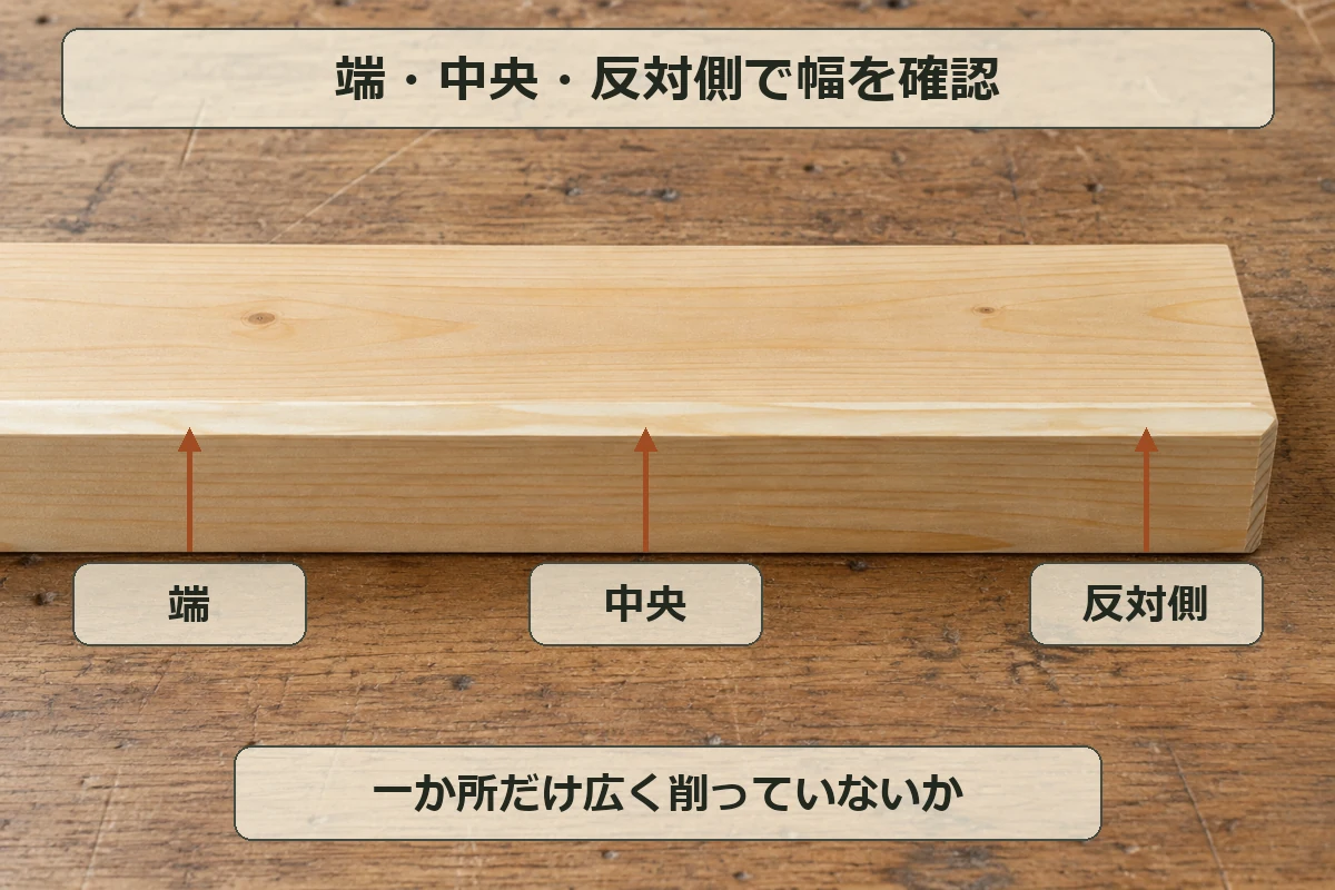 同じ板の面取り幅を左・中央・右の位置で見比べ、部分的な削りすぎを確認する図解