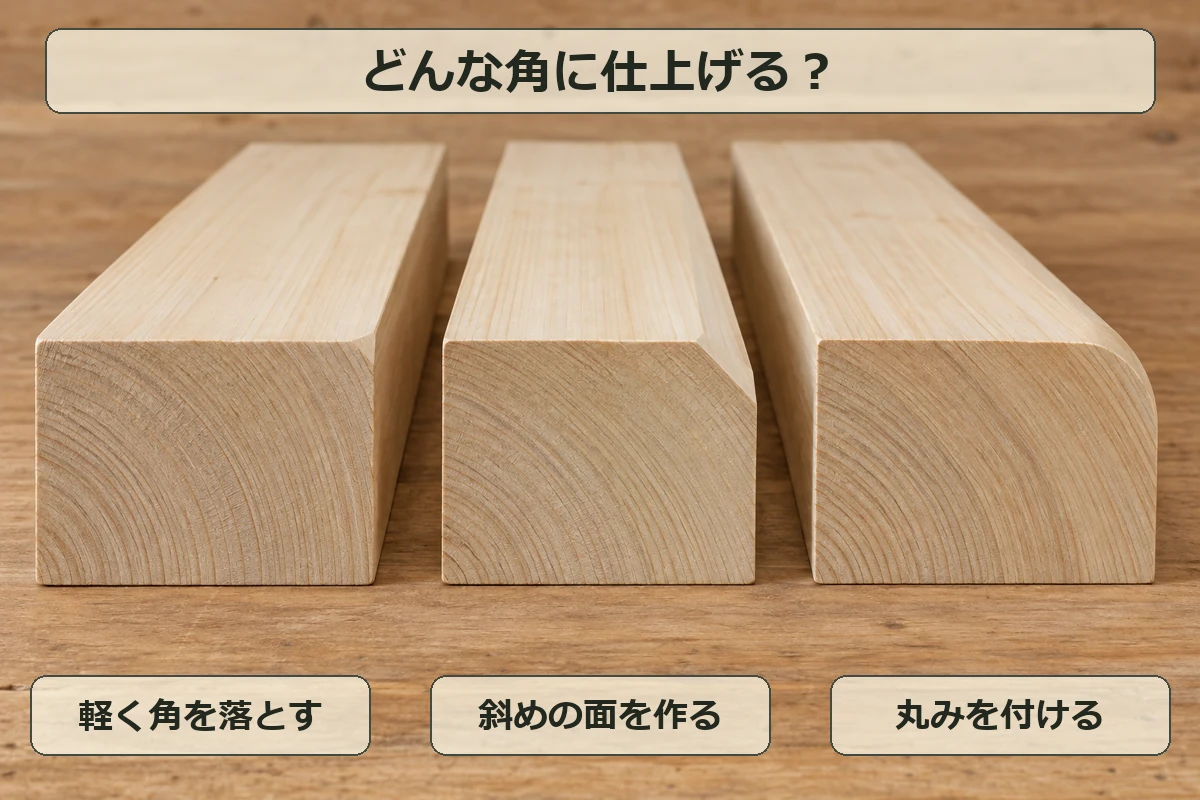 木材の角を軽く落とした仕上げ、斜めの平面を作る角面、曲線に整える丸面の比較