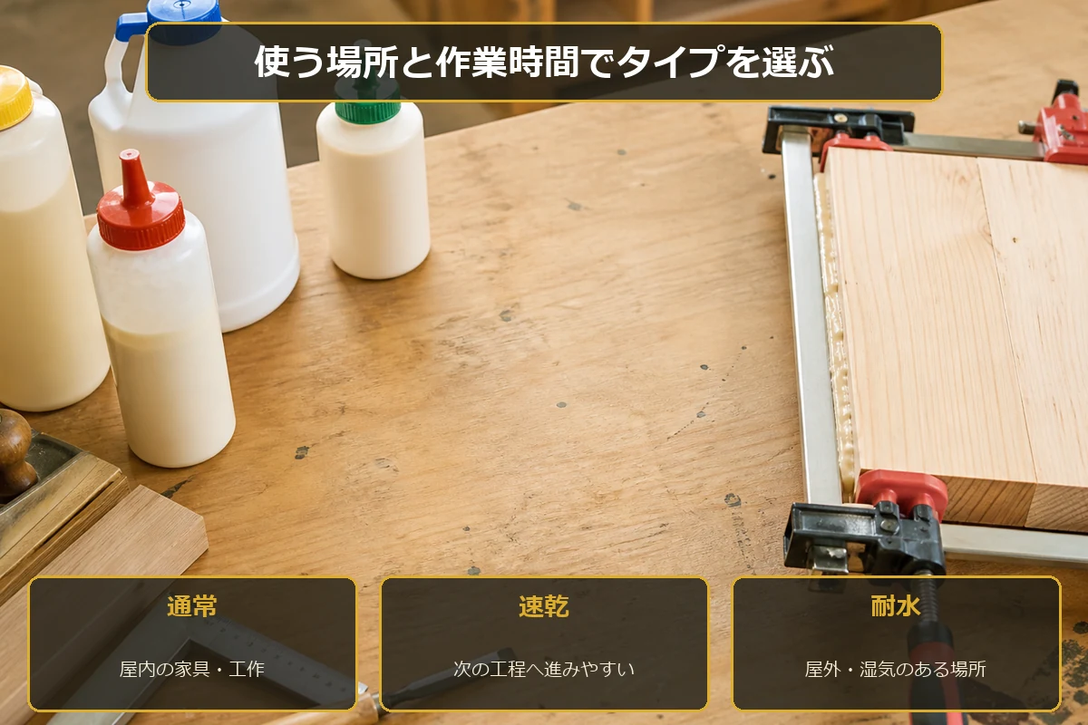 屋内家具は通常、作業時間を短くしたい場合は速乾、屋外や湿気のある場所は耐水タイプを選ぶ図解