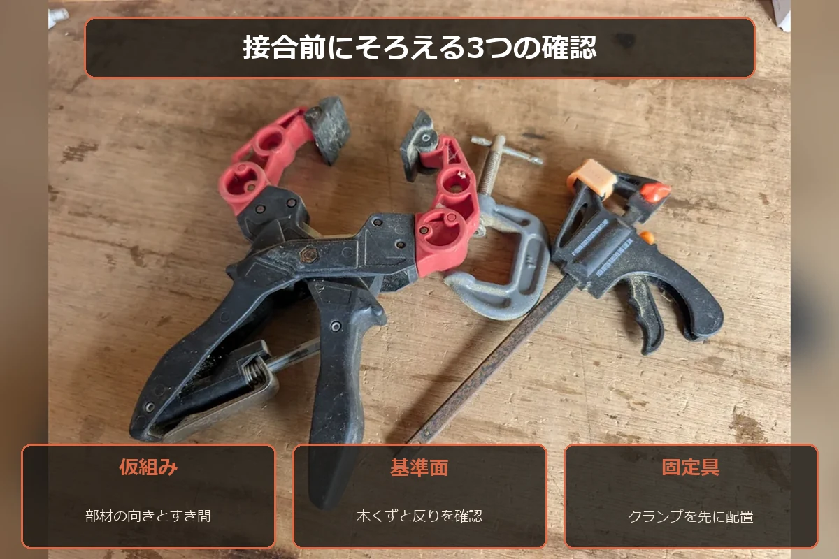 木材の接合前に仮組み、基準面、固定具を確認する図解